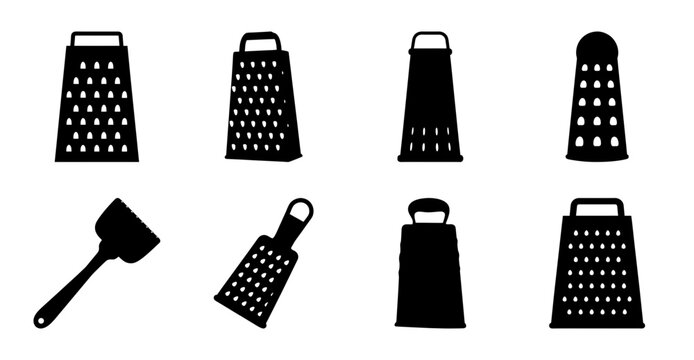 Black kitchen graters and cheese tools set - Minimalist black and white vector icons of various graters and cheese tools for kitchen use.