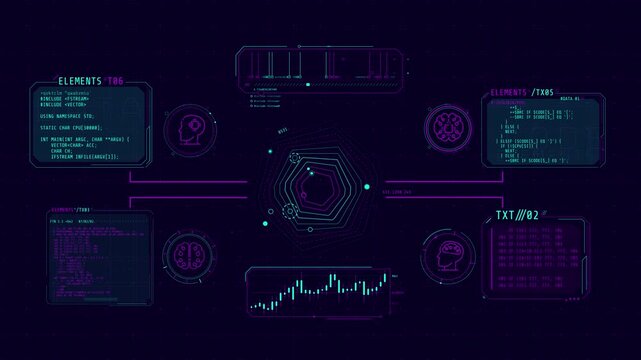 Animated display with infographic elements and programming codes