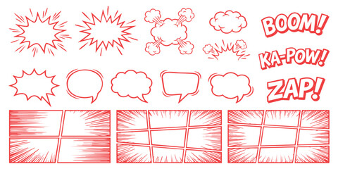Comic book speech bubbles sound effects and page layout panels in a hand drawn sketch style set of graphics © GraphixEra