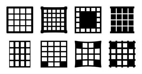 Naklejka premium Grid patterns with missing squares illustration - Eight stylized black grid patterns with various missing squares in a clean, minimalist design.