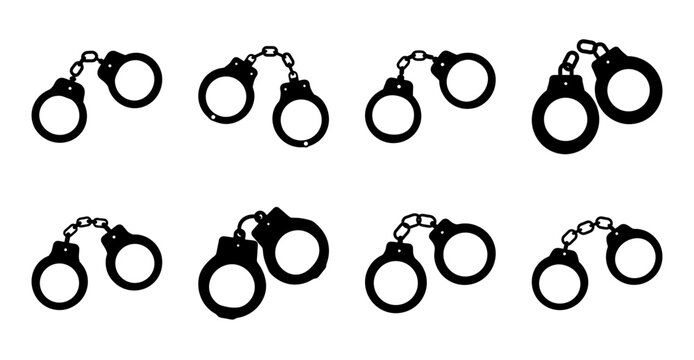 Handcuffs icon set in black and white - Minimalist black and white vector icon set of handcuffs in various styles and orientations