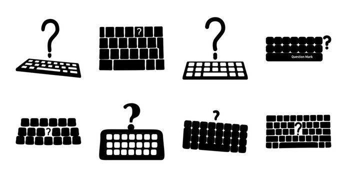 Black question mark keyboard icons set - Minimalist black keyboard icons with question marks showing missing keys for stock use.