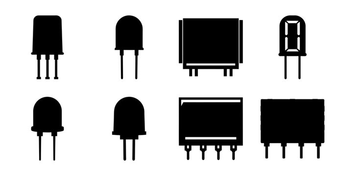 Black electronic components vector icons set - Flat design icons of various black electronic components like LEDs, resistors, and transistors in vector style.