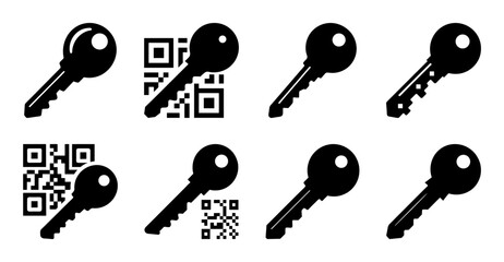 Black keys with qr code icons set - Minimalist black keys paired with QR code symbols in a clean, modern icon style for digital and design use. © Md