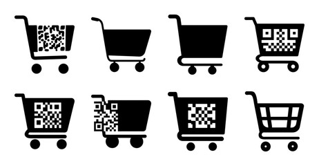 Shopping carts with qr codes illustration - Six black shopping cart icons featuring QR codes for a modern retail or digital shopping design concept. © Md