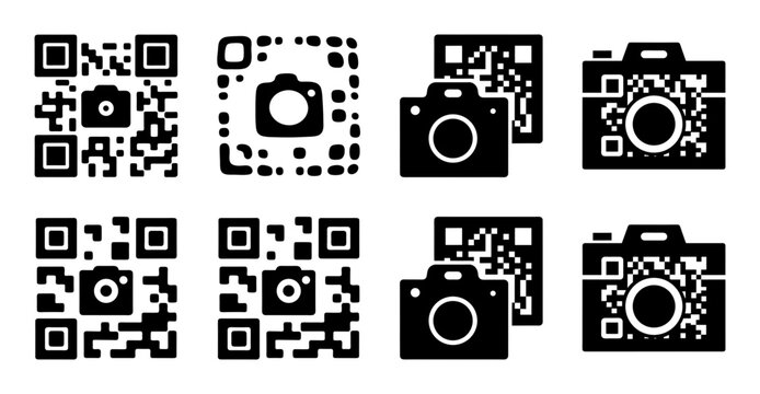 Qr code camera icons set - Modern flat design QR code and camera icons in black and white for digital and tech projects.