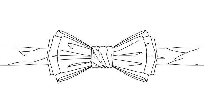 Simple black and white line drawing of a formal bow tie with horizontal ribbon ends extending from each side on a white background.