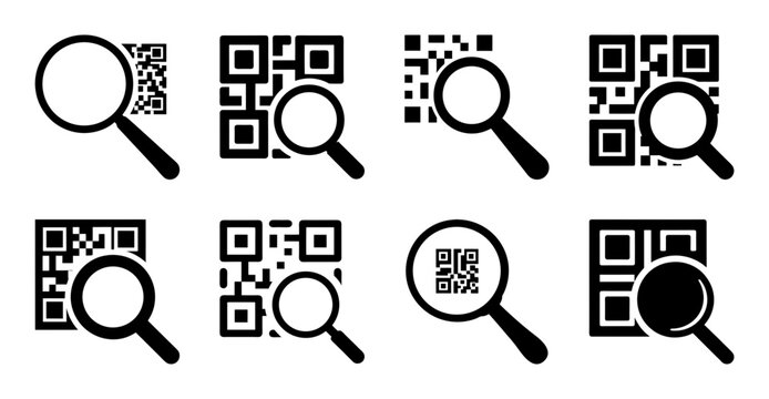 Qr codes scanned by magnifying glasses - Six black and white QR codes being examined under magnifying glasses with a clean, modern look.