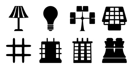 Flat icons set of household and chess items - Minimalist black flat icons depicting lamps, chess pieces, light bulb, and household objects in a clean style for web and print use. © Md
