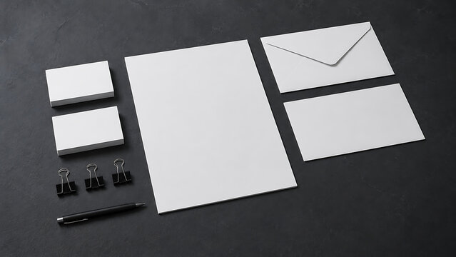 Minimalist corporate branding mockup, white stationery set on dark background, professional business identity template with letterhead and envelopes isolated on White Background ai