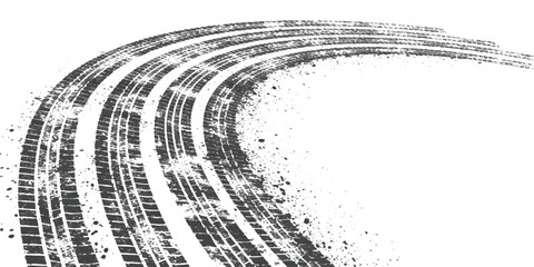 Black tire marks showing a sharp turn on the road surface with textured rubber tread patterns for racing © GraphixEra