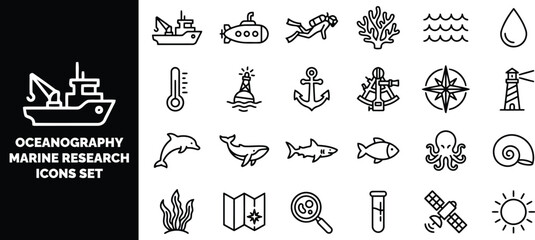 Oceanography and marine research set, black and white linear symbols of sea life, nautical equipment, and scientific tools © ico-vect