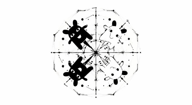 Whimsical black and white cartoon characters in a symmetrical mandala pattern