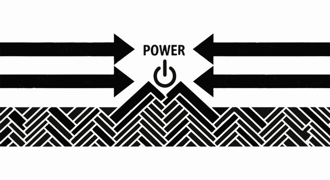 Symbol of energy convergence and power activation with arrows pointing towards a central button.