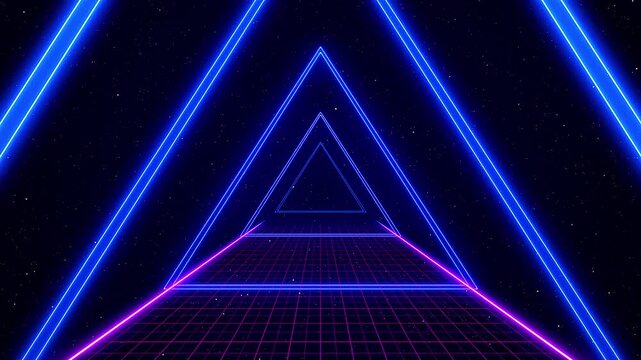 Futuristic Neon Triangle Tunnel Animation with Glowing Cyberpunk Grid.