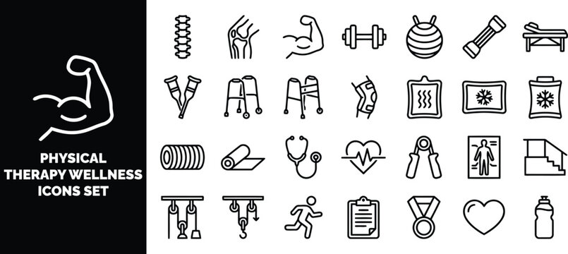 Physical therapy and wellness set, featuring medical equipment, rehabilitation tools, and fitness symbols in black and white line