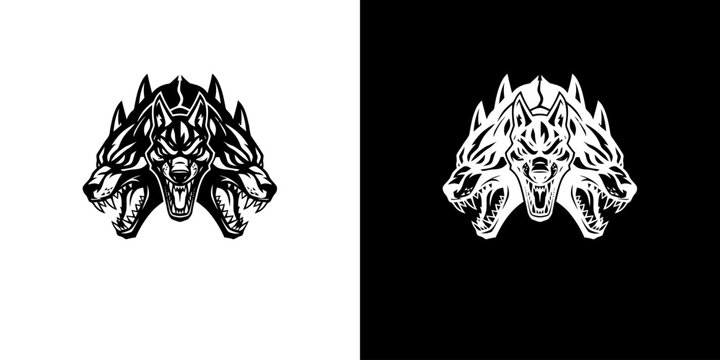 Three-Headed Dog Illustration - A Mythical Guardian in Black and White.