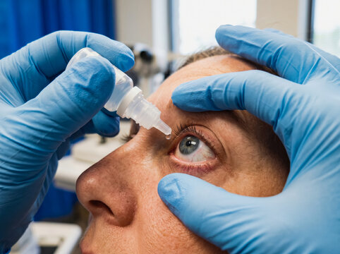 close-up of hands in blue medical gloves applying eye drops into a patient's open eye during an ophthalmology examination in a clinic, representing healthcare and vision treatment