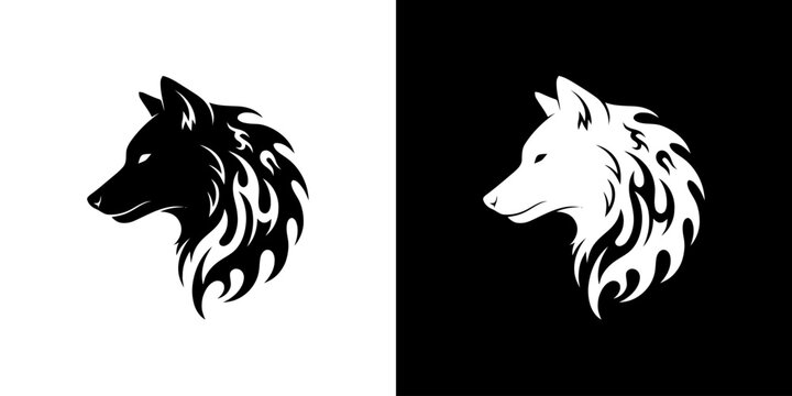 Wolf Head Silhouette with Tribal Flame Design in Contrasting Colors.