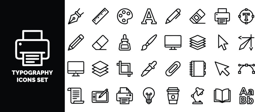 Set of black and white and typography including tools for editing, and printing symbols pencil