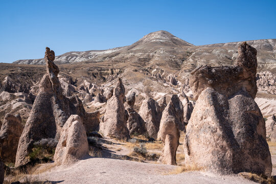 the famous rock formations called fairy chimneys in the Devrent Valley in Cappadocia on a summer day.
