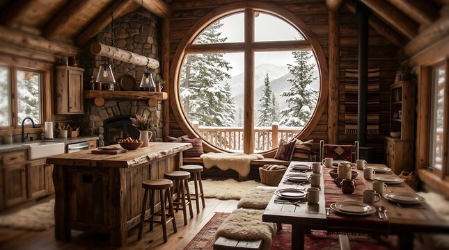 Cozy rustic log cabin interior with kitchen and dining area