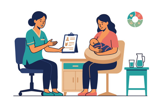 Doctor discussing lactation support with mother breastfeeding baby on nursing pillow in clinic room maternal healthcare consultation concept
