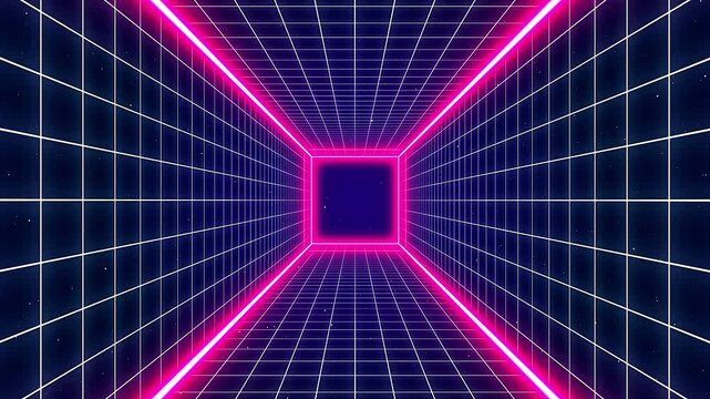 Neon Pink Glowing Cyberpunk Grid Tunnel Abstract Background.
