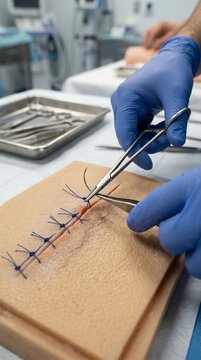 Surgical trainee practices suturing technique on simulated skin with forceps and needle holder, demonstrating precision and care.