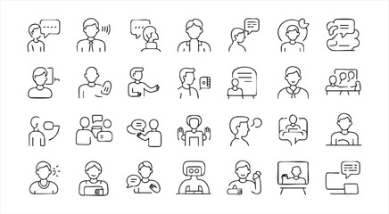 Obraz premium Set of communication icons. people talking, discussing, and interacting in various settings.