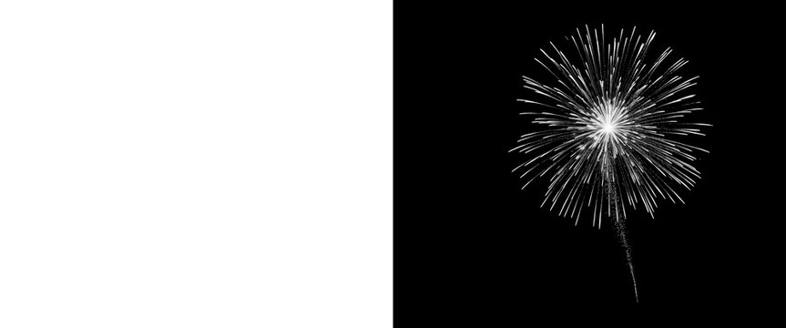 White firework burst with alpha channel mask, isolated pyrotechnic explosion on black background, festive firework display element for compositing
