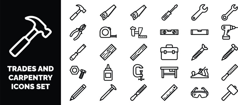 Trades and carpentry set, collection of black and white line symbols for construction tools and woodworking equipment