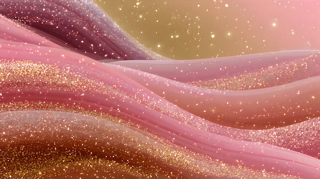 Soft flowing abstract waves of pink and gold glitter particles with abstract