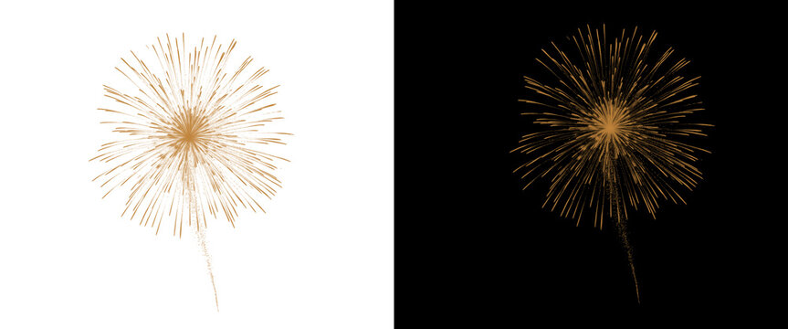 Golden firework burst isolated on white and black backgrounds, sparkling gold pyrotechnic explosion, festive firework display for celebration
