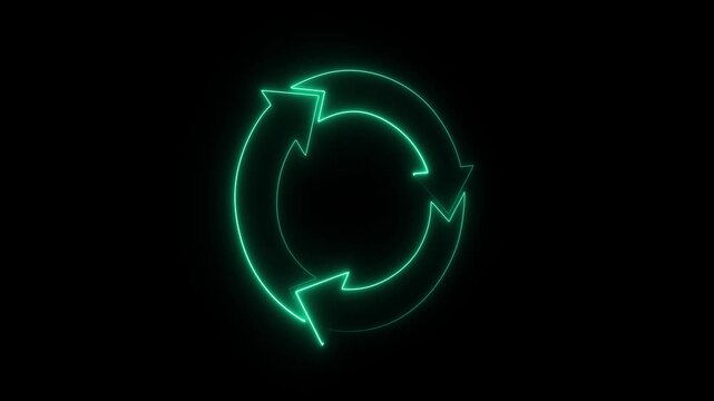 abstract glowing Neon line refresh arrow icon animation on black background. Abstract beautiful neon refresh and recycle icon animation background. 4k video.