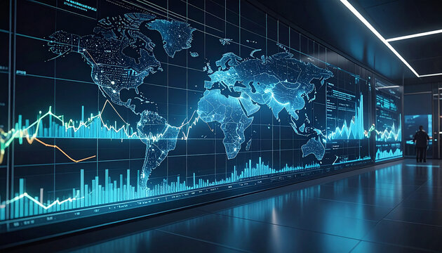 Global Financial Hub: A futuristic control room showcases a massive holographic display of the world map, overlaid with intricate financial charts and real-time data.