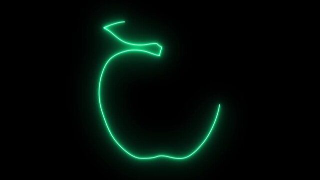 A glowing neon apple silhouette against a dark background.4k video.