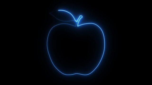 A glowing neon apple silhouette against a dark background.4k video.