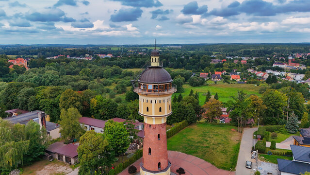 Aerial View of Historic Water Tower in Goldap Poland