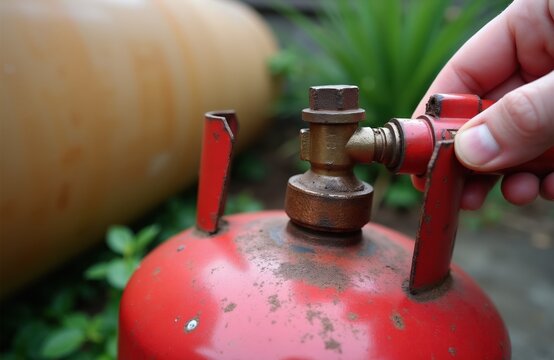 Hand operates red gas cylinder valve. Fuel tank connection, propane storage device. Risk of leak or fire, safety concern. Background shows another tank and plants.