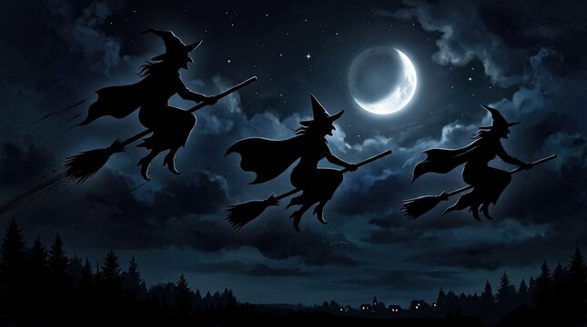 Three witches flying on brooms past crescent moon.