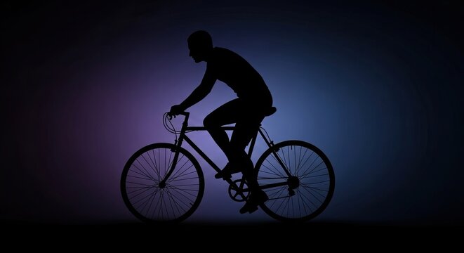 Silhouette of cyclist riding bicycle against purple light background.