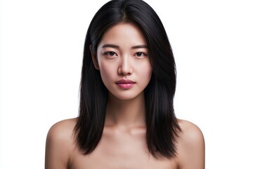 Naklejka premium Young East Asian woman portrait, white studio background, neutral expression, calm aesthetic