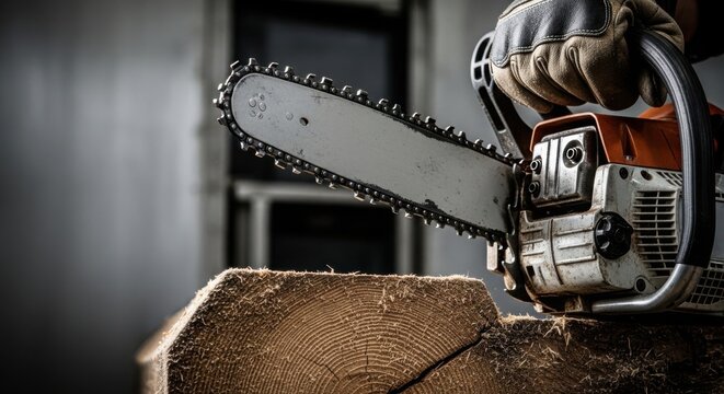 Chainsaw cutting through log with precision and care during woodworking project. Chainsaw features sharp blade and rugged design, showcasing power and efficiency in timber industry.