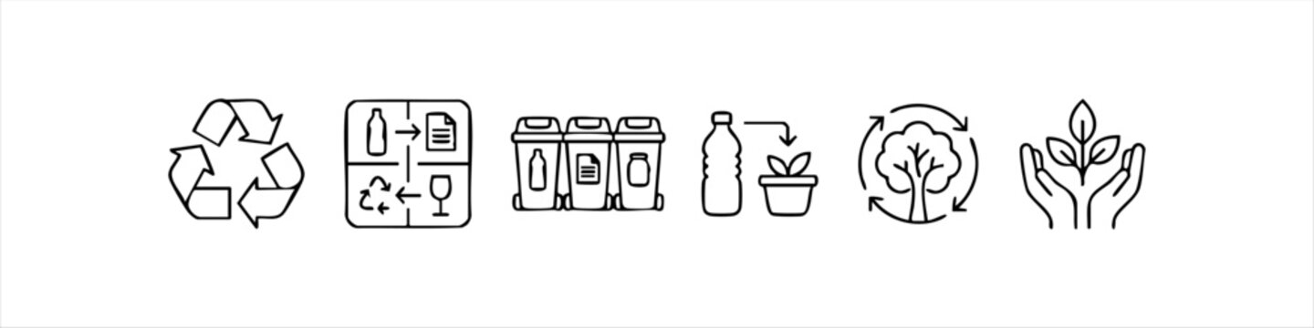 Professional set of black line icons for recycling, waste management, and environmental sustainability. Includes symbols for sorting bins, eco-friendly practices, and nature conservation.