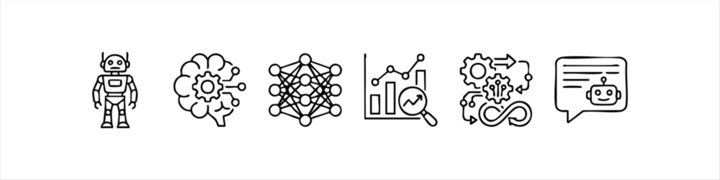Modern hand-drawn line icons for artificial intelligence, machine learning, and data science. Features a robot, neural network, analytics chart, and chatbot for technology and software concepts.