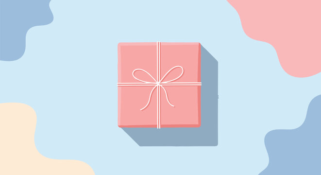 Minimalist top-down view shows a pink square gift box tied with white string casting a long shadow on a light blue background with abstract shapes.
