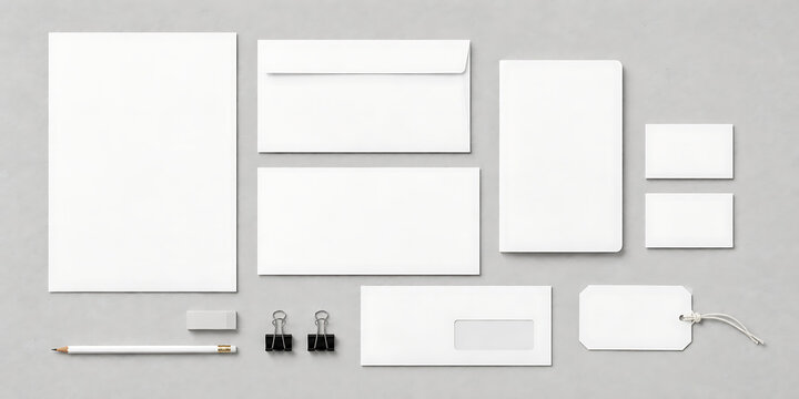 Minimalist corporate branding mockup set, white stationery identity collection, professional office supplies and letterhead isolated on White Background ai