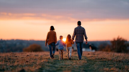 Fototapeta premium Family walks hand-in-hand through golden field at sunset.