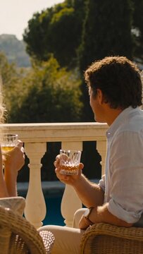 Vertical video: Lifting tumblers, couple sipping and chatting on terrace, man turning gaze to pool